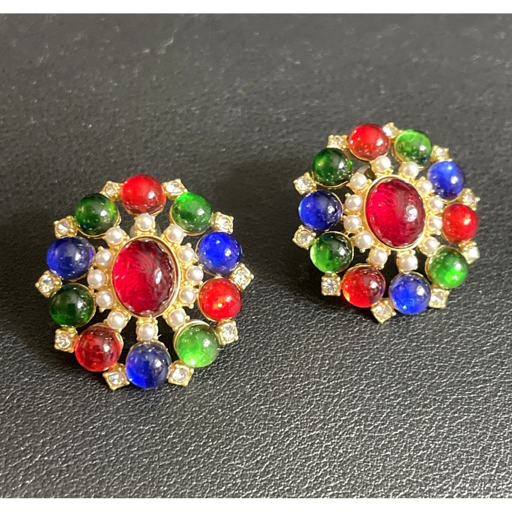 Mogul Earrings Rhinestone Bezel Set Cabochon Gold Tone Signed Kovonchy New